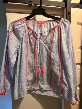 Lilly Pulitzer Light Blue Peasant Blouse with Pink Trim